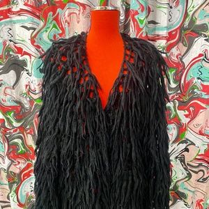 Shaggy black muppet/goth /festival/hippie Jacket wool, open crochet knit style